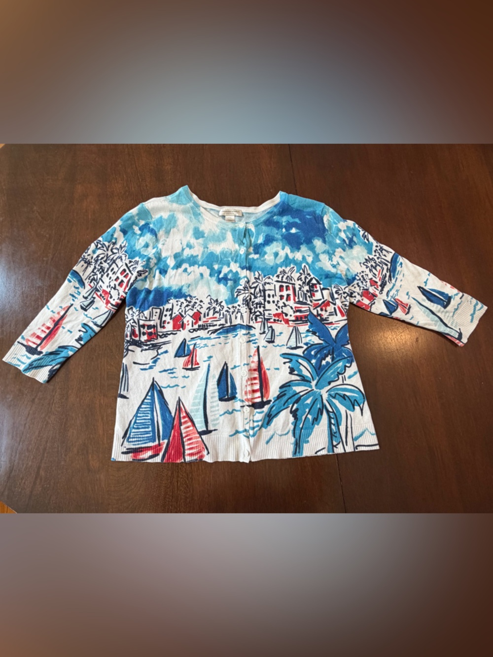2015 Christopher Banks Petite Multicolor Nautical Ship Buttoned Cardigan Sweater